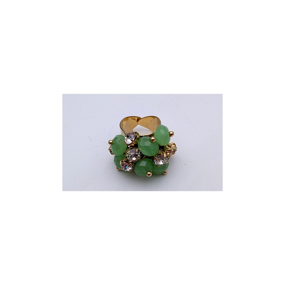 Vintage Gold Tone Sage Green Bead Rhinestone Cluster Adjustable Statement Ring